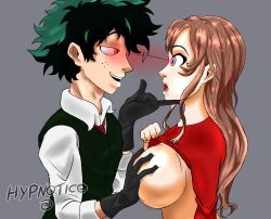  brown_hair empty_eyes green_hair groping hypnotic_eyes hypnotico izuku_midoriya large_breasts my_hero_academia red_eyes undressing  rating:explicit score: user:hypnotico800