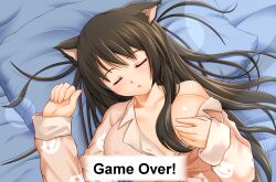 breasts brown_hair caption caption_only cat_ears closed_eyes erect_nipples female_only femsub hwd171_(manipper) large_breasts manip pajamas short_hair sleeping text rating:Questionable score:52 user:hwd171
