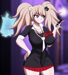 blonde_hair breasts clothed dangan_ronpa female_only ghost ibuki_mioda junko_enoshima large_breasts long_hair migirider phone tie twintails rating:safe score: user:vanom-yo