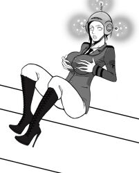 antenna black_hair boogars boots breasts deadman_wonderland erect_nipples expressionless femsub greyscale groping happy_helmet helmet high_heels holding_breasts large_breasts makina monochrome short_hair sitting tech_control the_ren_and_stimpy_show tie whitewash_eyes rating:Questionable score:53 user:hypno