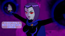 aware cloak clothed dc_comics dialogue dogdog english_text female_only goth grey_skin magic purple_hair raven red_eyes solo text rating:Explicit score:1 user:Bootyhunter69