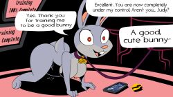 all_fours bottomless breasts bunny_girl collar disney female_only femsub furry happy_trance howling_mad_fox_hatter hypnotic_drug judy_hopps nude pussy_juice smile text topless western zootopia rating:Explicit score:127 user:Longma