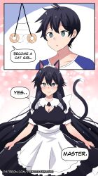 absurdres black_hair breasts cat_ears crossdressing english_text expressionless genderswap large_breasts maid maid_headdress malesub original pendulum princess_hinghoi speech_bubble spiral_eyes symbol_in_eyes text transformation transgender watermark rating:safe score: user:mattlau04