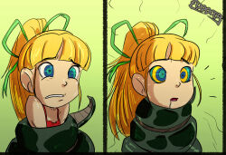 before_and_after blonde_hair capcom coils disney drool expressionless femsub fixxxer hypnotic_eyes kaa kaa_eyes long_hair megaman_(series) ponytail resisting roll snake the_jungle_book rating:safe score: user:mindwipe