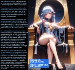 ai_art blue_hair breasts caption crossed_legs english_text feet femsub gameplay_mechanics goddess hair_ornament heterochromia looking_at_viewer sitting text turning_the_tables very_long_hair rating:Explicit score:97 user:WMTX
