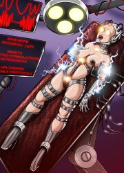 bondage cables cleavage electricity femsub glowing glowing_eyes harness helmet high_heels open_mouth original progress_indicator re-maker robot robotization sweat tech_control text transformation rating:Questionable score:26 user:TheGoodShank