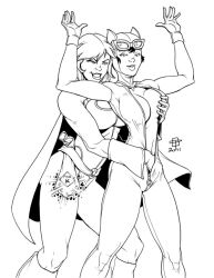  bare_legs batman_(series) black_hair blonde_hair breasts callmepo catwoman dc_comics femsub greyscale groping holding_breasts large_breasts legs leotard monochrome power_girl sketch super_hero superman_(series) text traditional undressing western yuri  rating:questionable score: user:grim