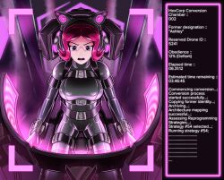 bodysuit bondage breasts drone empty_eyes female_only headphones hexcorp_(sleepystephbot) hypnotic_screen latex open_mouth plasma-dragon red_hair resisting restrained tech_control text rating:Questionable score:53 user:Jade