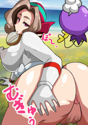 anus ass ass_focus ass_grab bandana beach bottomless breasts brown_hair drifloon empty_eyes expressionless femsub gabriel gloves goggles japanese_text large_ass large_breasts looking_at_viewer looking_back nintendo nipples outdoors palina_(pokemon) pokemon pokemon_(creature) pokemon_legends_arceus presenting pubic_hair purple_eyes pussy see-through short_hair rating:Explicit score:15 user:JustChilling