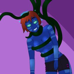 alien alien_girl blue_skin breasts doc-helix femsub happy_trance kassidy_(medrifogmatio) original red_hair shorts tentacles topless rating:questionable score: user:doc-helix