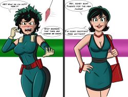 before_and_after blush breasts cleavage crystal dialogue domestication dress earrings femsub freckles genderswap green_hair happy_trance housewife izuku_midoriya jewelry my_hero_academia necklace pendulum polmanning short_hair stepfordization text transformation western rating:Questionable score:117 user:PolManning