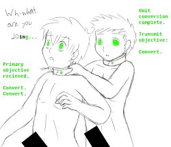  bottomless censored chubish collar drone drool glowing glowing_eyes gradient_text hypnotic_accessory hypnotized_hypnotist male_only maledom malesub monochrome multiple_boys nude penis robotization short_hair shota sketch tech_control text topless transformation white_background yaoi  rating:questionable score: user:deleted002