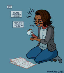 brown_hair clothed comic dark_skin drugs female_only glasses simple_background solo sortimid text thought_bubble rating:Safe score:61 user:AGBell8