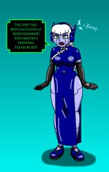 absurdres antenna blue_skin breasts china_dress expressionless fembot femsub gloves green_eyes headphones hostessbot_(silver) large_breasts latex opera_gloves original robot robot_girl standing supertechno324 tech_control text white_hair rating:Questionable score:12 user:SuperTechno324