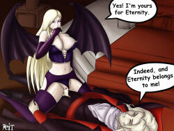 blonde_hair breast_expansion breasts castlevania closed_eyes clothed clothed_sex corruption cum cum_in_pussy demon_girl dracula femsub garter_belt garter_straps gloves high_heels large_breasts maledom monster_girl open_clothes opera_gloves penis pussy red_eyes reit richter_belmont sex succubus text thighhighs vaginal vampire very_long_hair white_hair wings rating:Explicit score:56 user:Mesmer