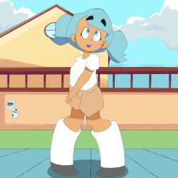  blue_eyes blue_hair clothed loli original sourowl t-shirt tan_skin  rating:safe score: user:sourowl