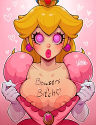 blonde_hair blush body_writing bowser breasts cleavage collarbone crown dress earrings exposed_chest expressionless femsub gloves heart heart_eyes jewelry large_breasts large_lips lipstick makeup manip nintendo nipples open_mouth opera_gloves pink_lipstick princess princess_peach ring_eyes simple_background spiral_eyes super_mario_bros. symbol_in_eyes text theartofvero undressing rating:Explicit score:265 user:fiaaa