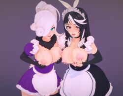 3d absurdres arm_warmers bare_breasts black_hair blue_eyes blush breast_grab breasts choker empty_eyes female_only femsub fingerless_gloves gloves hair_ribbon happy_trance holding_breasts huge_breasts koikatsu! lactation large_breasts leaning_forward looking_at_viewer maid maid_headdress mistress_velai_(darknessneon/penken) multicolored_hair multiple_girls multiple_subs nail_polish natasha_hinoa_(anno) nipples open_clothes opera_gloves original ponytail ribbon short_hair simple_background smile symmetrical_docking thehguy white_hair rating:Explicit score:11 user:JustChilling
