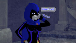 altered_common_sense cloak clothed dc_comics dialogue dogdog english_text female_only femsub goth grey_skin purple_eyes raven solo text thumb_sucking rating:Safe score:1 user:Bootyhunter69