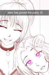 aima_(zko) alex_(zko) breasts chin_hold cleavage collar crotch_rub crystal_(zko) dazed drool earrings expressionless female_only femdom femsub glowing glowing_eyes heart heart_eyes holding_breasts jewelry large_breasts lingerie original ponytail short_hair sketch snapchat spiral_eyes symbol_in_eyes text underwear webcam zko rating:Questionable score:190 user:Zko
