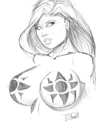 breasts expressionless female_only femsub greyscale large_breasts long_hair monochrome original shono sketch solo spiral_eyes symbol_in_eyes tattoo topless rating:Questionable score:20 user:hypno