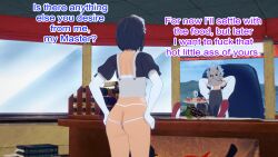 ass black_hair blue_hair clothed clothed_exposure dialogue dogdog english_text femsub food maid maid_headdress maledom mask naruto_(series) shizune sitting text rating:Explicit score:2 user:Bootyhunter69