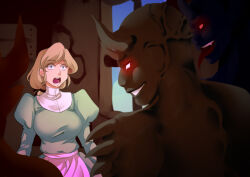 absurdres ayayanagisawa blonde_hair breasts corruption demon empty_eyes evil_smile femsub glowing glowing_eyes green_eyes horns large_breasts long_hair maledom multiple_boys open_mouth pervyfantasyproductions ponytail red_eyes smile surprised the_last_demonhunter tongue tongue_out rating:Safe score:47 user:Deva