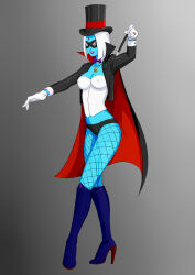 absurdres alternate_costume alternate_hair_color blue_skin boots bow_tie cape corruption corset dc_comics erect_nipples erect_nipples_under_clothes evil_smile femsub fishnets gloves happy_trance hat high_heels hypnotic_accessory jacket knee-high_boots legs lipstick magic magic_wand magician mask mumbo_jumbo oo_sebastian_oo panties pussy_juice ravebo raven short_hair smile spiral_eyes super_hero symbol_in_eyes teen_titans underwear white_hair rating:Questionable score:48 user:sumdudehere