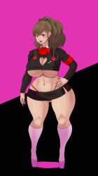 bimboannon bimbofication breasts brown_hair earrings female_only femsub high_heels jewelry kotone_shiomi large_breasts lipstick navel panties persona_(series) persona_3 persona_3_portable pink_lipstick skirt underwear rating:Questionable score:33 user:SexyHex