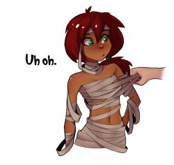 blush breasts cosplay dark_skin female_only freckles green_eyes halloween hand_on_hip malberrybush malyna_(malberrybush) midriff mummy navel original ponytail red_hair small_breasts text white_background rating:Explicit score:80 user:RedCollarBlackCollar