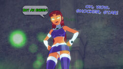 angry aware clothed dc_comics dialogue dogdog english_text female_only floating glowing glowing_eyes panties raven red_hair starfire text upskirt rating:Questionable score:1 user:Bootyhunter69