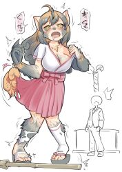 breast_expansion breasts cleavage dog_girl furry knees_together large_breasts mokushi-c3 original text transformation wolf_girl  rating:questionable score: user:sk00