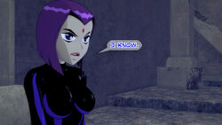 aware clothed dc_comics dialogue dogdog english_text female_only goth grey_skin purple_eyes purple_hair raven solo text rating:Safe score:1 user:Bootyhunter69