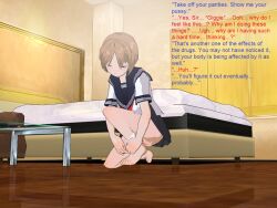 3d 3d_custom_girl bare_legs barefoot bed bimbofication blue_eyes brain_drain brown_hair feet femsub henshin-san hypnotic_drug maledom panties school_uniform short_hair text undressing rating:Explicit score:11 user:RayX