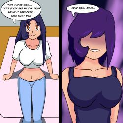 age_regression blue_hair breasts idpet leggings milf mother_and_daughter navel original purple_hair rena_(niceguy) tagme text xiana_(niceguy) rating:Questionable score:9 user:IDPet