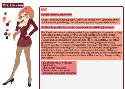 absurdres breasts caption character_profile cleavage earrings glasses green_eyes high_heels jewelry large_breasts mrs._erickson_(zko) necklace orange_hair original pantyhose ponytail reference_sheet teacher text zko rating:Questionable score:162 user:Zko