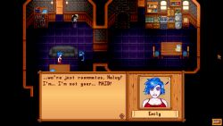 alternate_color_scheme alternate_hair_color breasts corruption emily_(stardew_valley) femdom femsub haley_(stardew_valley) huge_breasts hypnotic_eyes long_hair red_eyes resisting screenshot short_hair stardew_valley text vampire rating:Questionable score:39 user:Kyrid