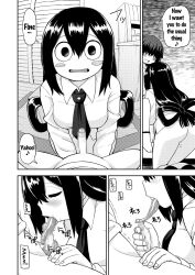 ass black_eyes black_hair blush bottomless breasts censored closed_eyes clothed_exposure comic dialogue drool empty_eyes expressionless fellatio femsub frog_girl hair_covering_both_eyes heterosexual kiddom kneeling large_breasts long_hair long_tongue looking_at_viewer male_pov maledom my_hero_academia open_mouth penis pov pov_dom school_uniform short_hair shota sitting smile text tie tongue tongue_out tonguejob tsuyu_asui rating:Explicit score:25 user:Spirals