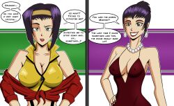 before_and_after breasts cleavage cowboy_bebop dialogue domestication dress earrings faye_valentine female_only femsub green_eyes happy_trance headband jewelry large_breasts necklace polmanning purple_hair short_hair smile solo speech_bubble stepfordization text rating:Questionable score:113 user:PolManning