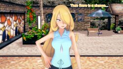 aware blonde_hair clothed cynthia dialogue english_text female_only grey_eyes hair_covering_one_eye mustardsauce pokemon pokemon_(anime) solo text rating:Safe score:1 user:Bootyhunter69