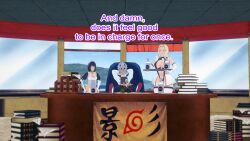 3d black_hair blonde_hair blue_hair clothed clothed_exposure dialogue dogdog english_text expressionless femsub food glasses maid maid_headdress maledom mask milk multiple_girls multiple_subs naruto_(series) purple_eyes shizune sitting text tray tsunade rating:Explicit score:1 user:Bootyhunter69