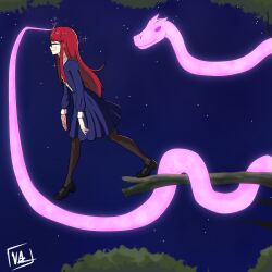 absurdres dress femsub glasses glowing glowing_eyes hypnotized_walking kaa_eyes persona_(series) persona_5 persona_5_royal red_hair school_uniform snake spoilers sumire_yoshizawa thighhighs violetaz rating:safe score: user:violetaz