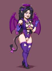 black_hair bow breast_expansion breasts cleavage corruption crotch_cutout crotchless_panties demon_girl halo happy_trance harness heart large_breasts monster_girl navel open_mouth original panties purple_eyes pussy rubberfrills_(rubberfrills) smile solo succubus sutibaru tail transformation transgender underwear wings rating:Explicit score:78 user:bugmenot