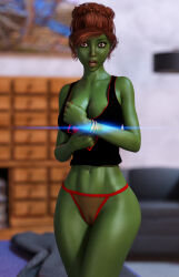 3d absurdres bracelet breasts brown_eyes cleavage dc_comics female_only femsub green_skin hypnotic_accessory jewelry large_breasts miss_martian red_hair super_hero surprised tiangtam underwear western rating:Questionable score:46 user:daveyboysmith9