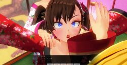 3d blue_eyes brown_hair crossed_eyes dialogue female_only femsub japanese_clothing kamen_writer_mc kimono mc_trap_town multiple_girls multiple_subs screenshot text twintails rating:Questionable score:4 user:Amazingbrahjr