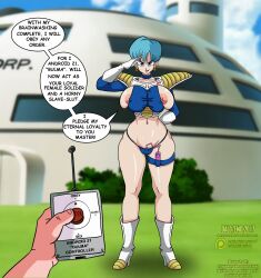 absurdres antenna blue_eyes blue_hair boots breast_expansion breasts bulma_briefs choker clothed_exposure corruption dalo_knight dialogue dragon_ball dragon_ball_z erect_nipples femsub huge_breasts maledom remote_control robotization saluting sex_toy sideboob standing standing_at_attention tech_control text vibrator rating:Explicit score:112 user:Grim