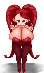  aware breasts bunnysuit cleavage double_v earrings female_only fishnets huge_breasts jewelry large_hips leotard long_hair looking_at_viewer manami_aiba my_hero_academia piercing red_eyes red_hair shortstack smile solo tights tuna twintails v  rating:explicit score: user:disastermaster55