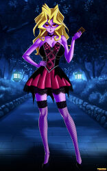 absurdres blonde_hair breasts choker cleavage corruption empty_eyes evil_smile female_only femdom fishnets high_heels hypnotized_hypnotist large_breasts long_hair mai_valentine purple_skin red_eyes smile tenzen vampire yu-gi-oh! rating:Questionable score:39 user:daveyboysmith9