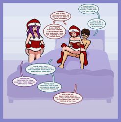 bed boots brain_drain dialogue dress english_text femsub glasses groping happy_trance hat maledom open_clothes original penis purple_hair red_hair santa_costume santa_hat sexism skirt text unlikely verbal_abuse rating:Explicit score:44 user:Unlikely