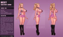 becky_(vitalis) bimbofication blonde_hair breast_expansion breasts character_profile choker english_text high_heels hourglass_figure huge_breasts large_breasts large_lips lipstick miniskirt multiple_views skirt tagme text twintails vitalis rating:Explicit score:83 user:Kingcooom